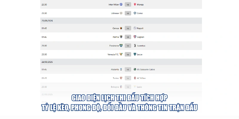 Giao diện lịch thi đấu tích hợp tỷ lệ kèo, phong độ, đối đầu và thông tin trận đấu